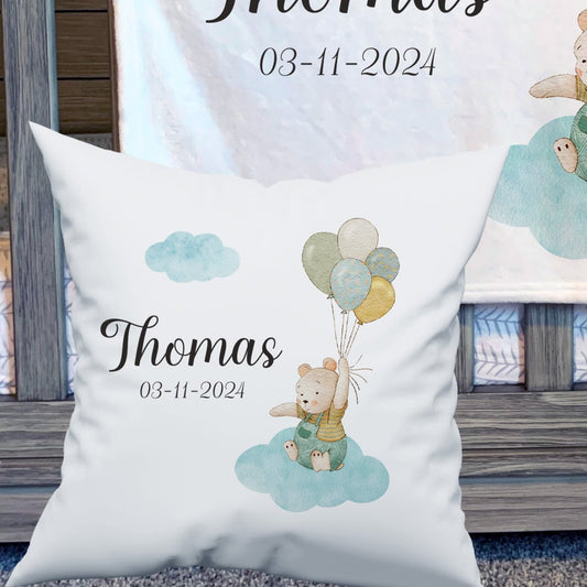 Personalised Cute Bear with Balloon baby Blanket Cushion Set