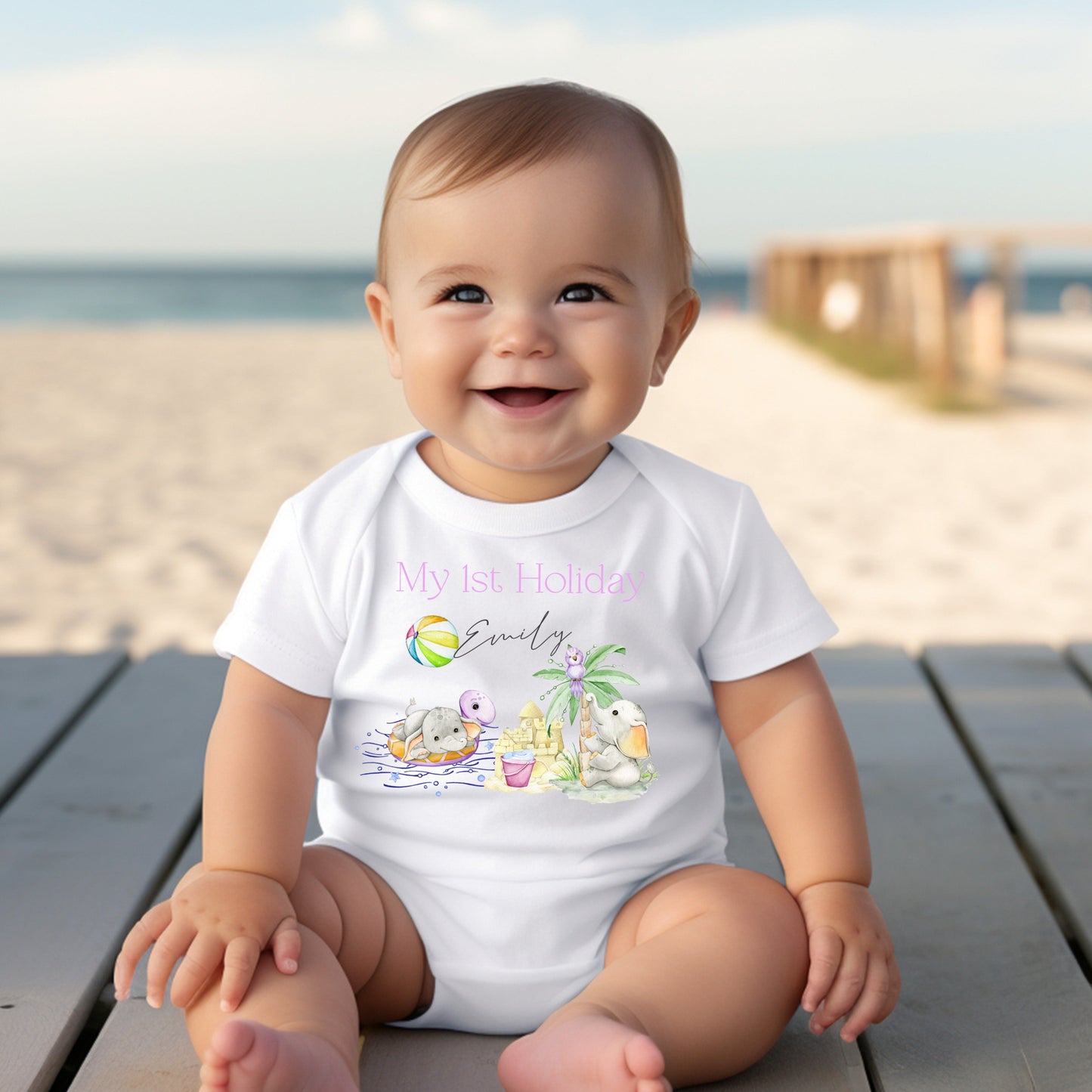 Personalised First Holiday Beach Design Baby Vest