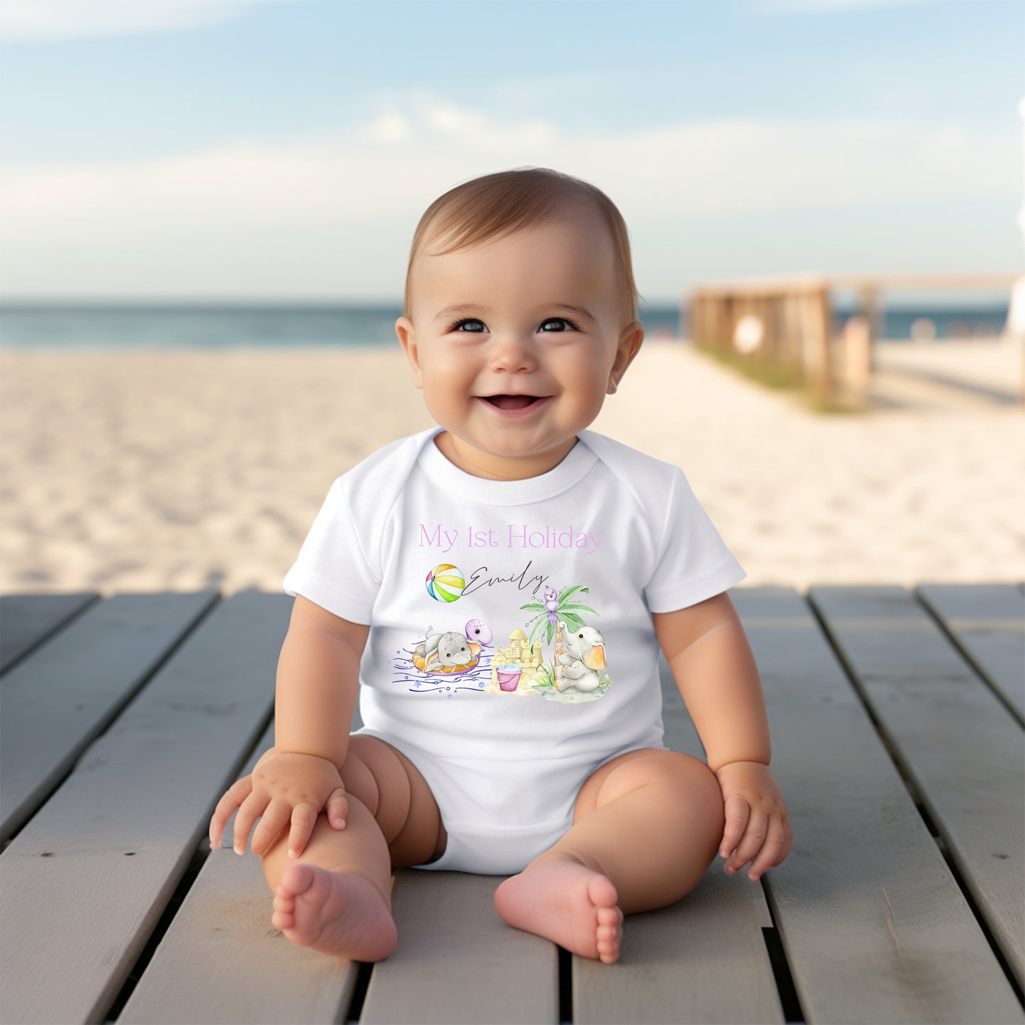 Personalised First Holiday Beach Design Baby Vest