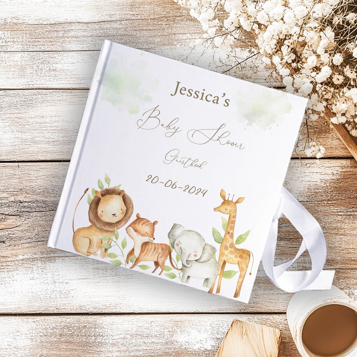 Personalised Safari Theme Baby Shower Guestbook with Ribbon