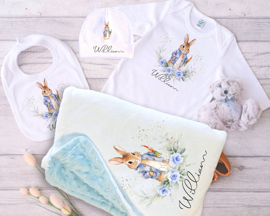 Personalised Blue Rabbit Baby Blanket Romper Set