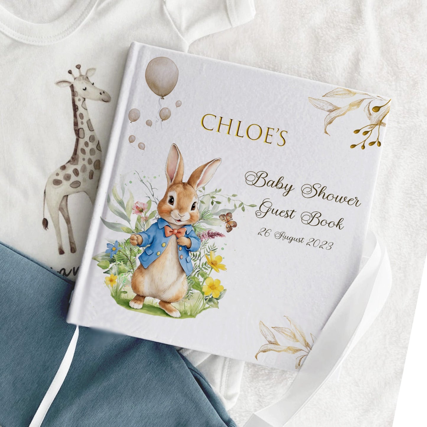 Blue Bunny Baby Shower Guestbook with Ribbon