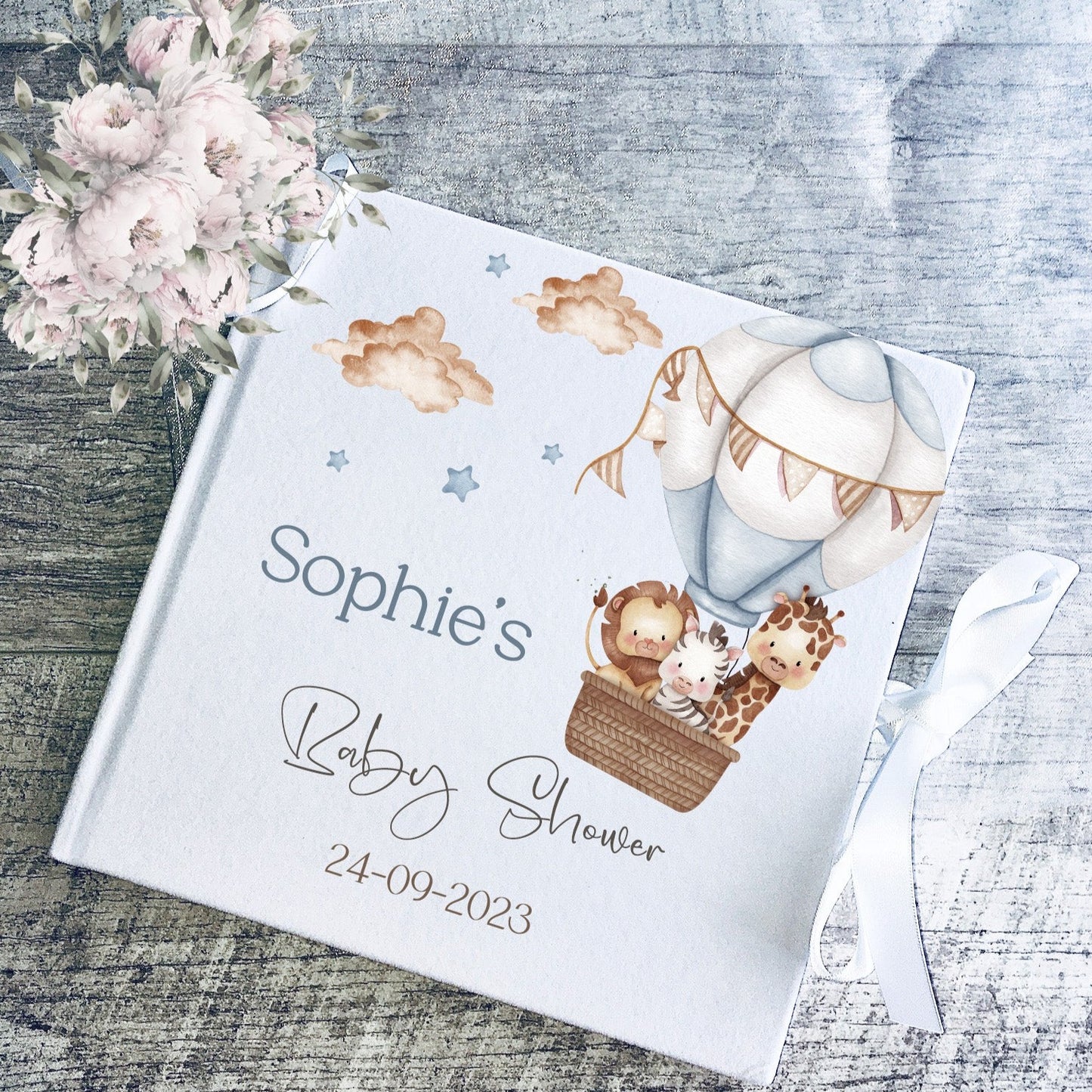 Safari Animals Theme Baby Shower Guestbook with Ribbon