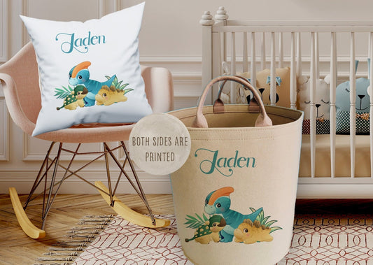 Personalised Dinosaur Print Large Toy basket Gift Set With Cushion