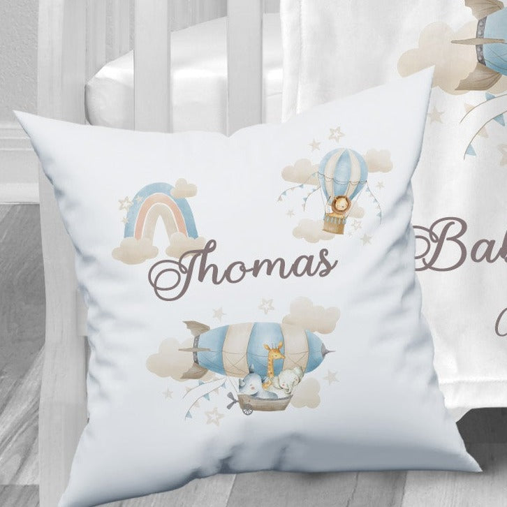 Personalised Safari Hot Air Balloon Baby Blanket Cushion Toy Bag Set