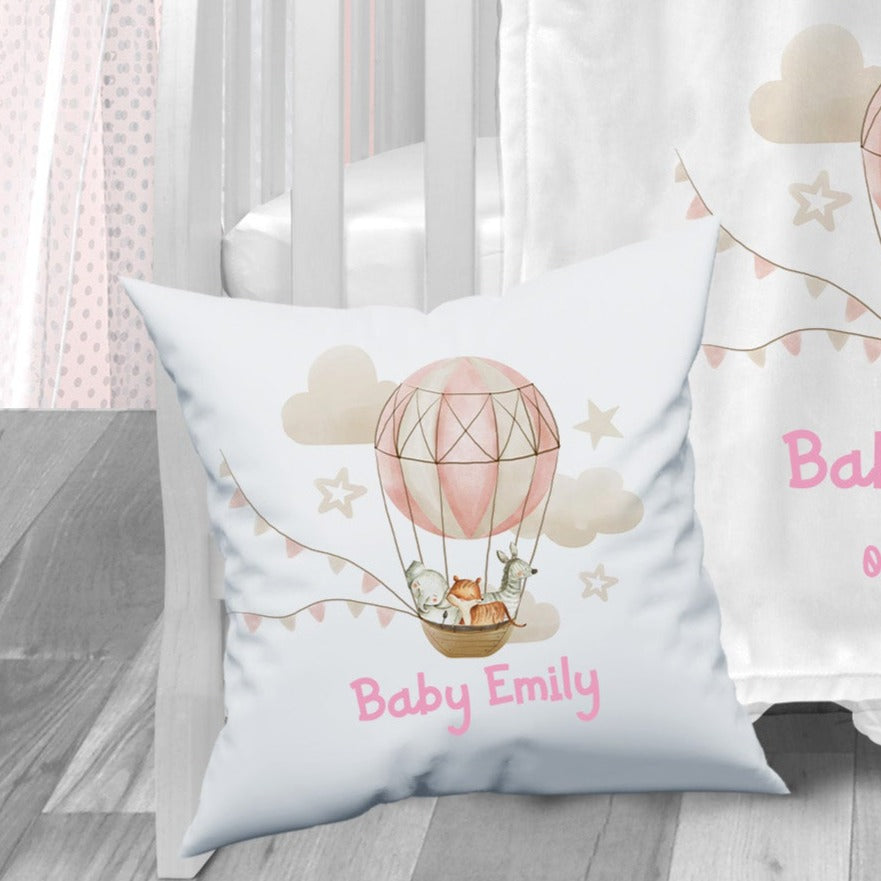 Personalised Pink Hot Air Balloon Jungle Baby Blanket Cushion Toy Bag Set