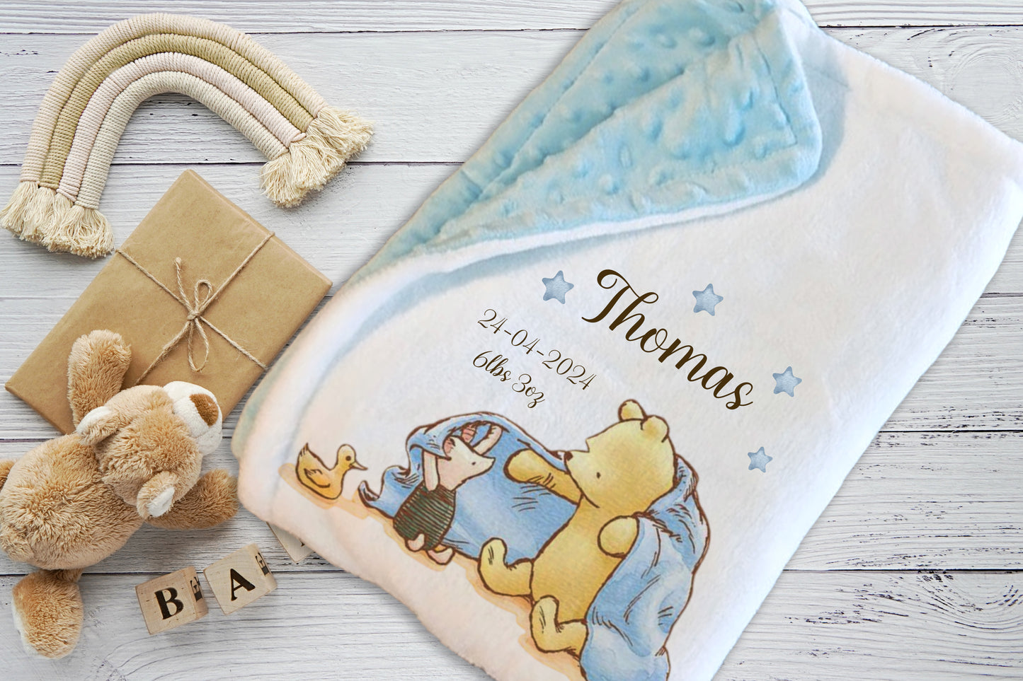 Pooh Bear and Pig - Personalised Baby Blanket Set