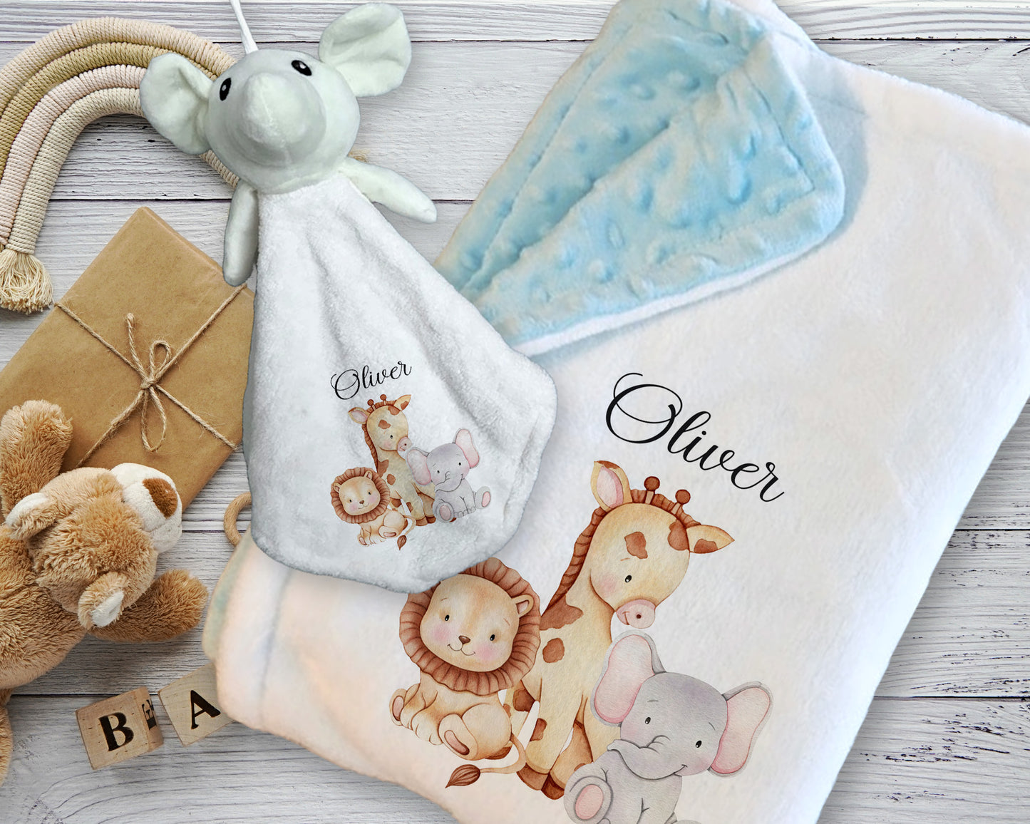 Personalised Safari Baby Blanket Comforter Toy Set