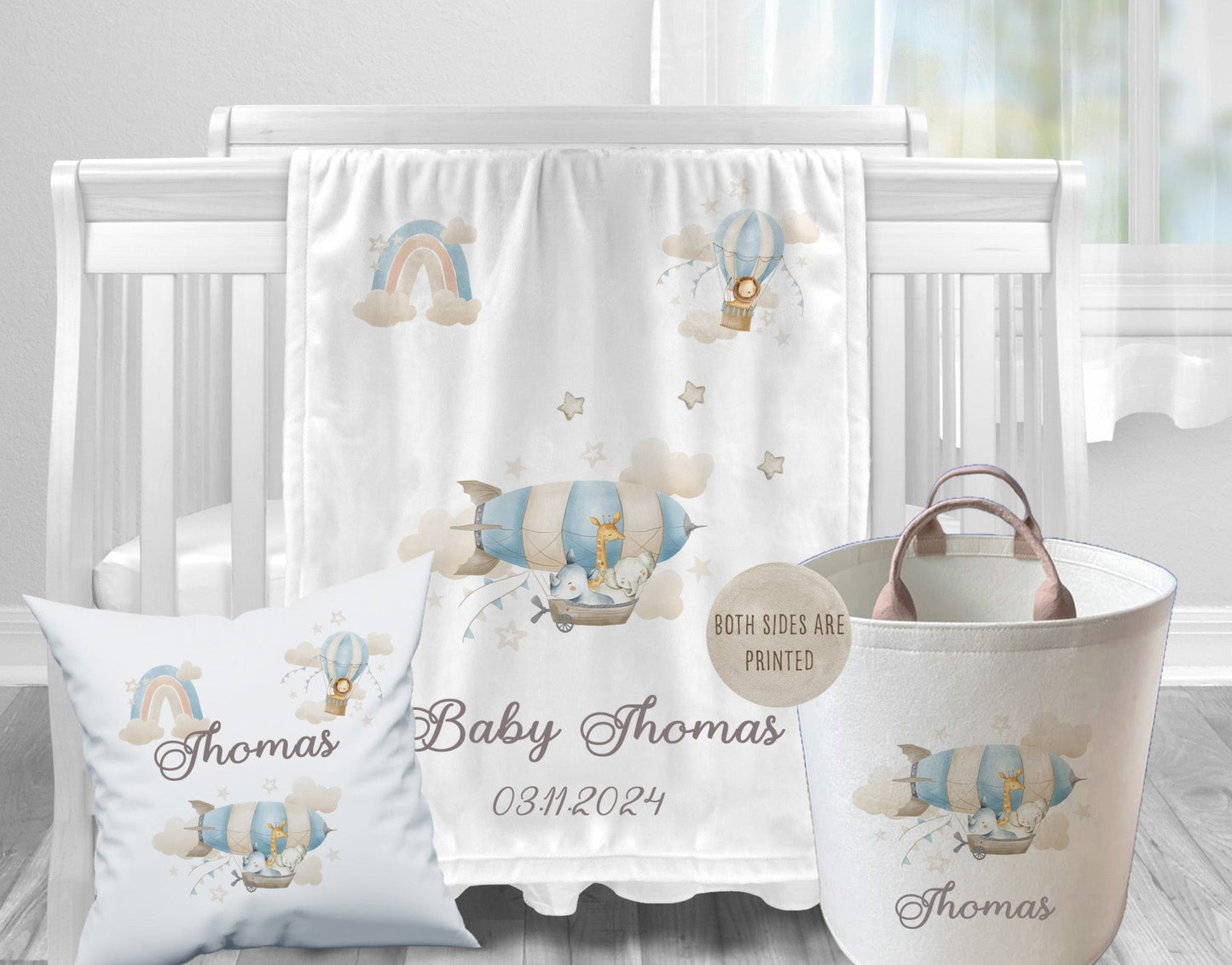 Personalised Safari Hot Air Balloon Baby Blanket Cushion Toy Bag Set