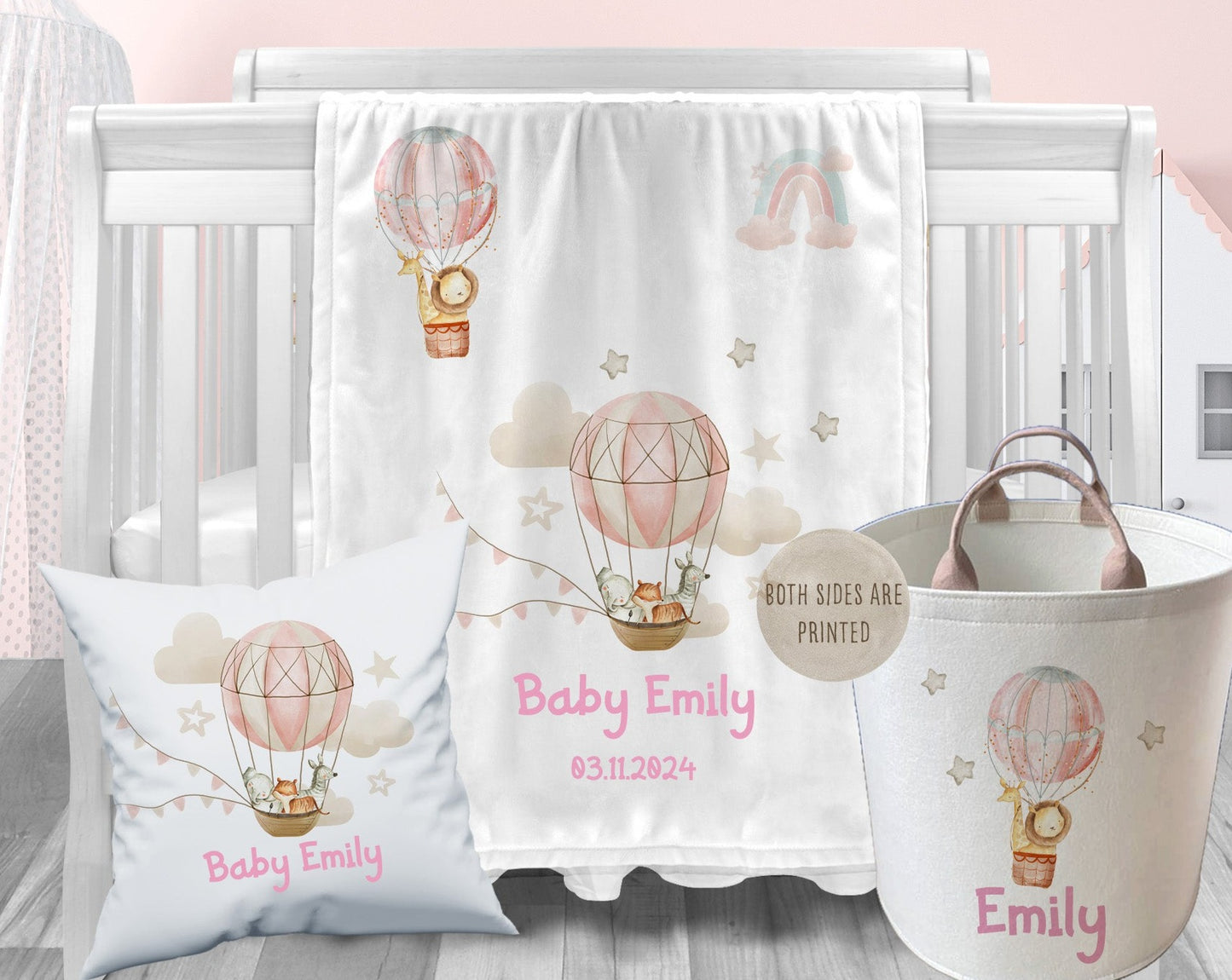 Personalised Pink Hot Air Balloon Jungle Baby Blanket Cushion Toy Bag Set