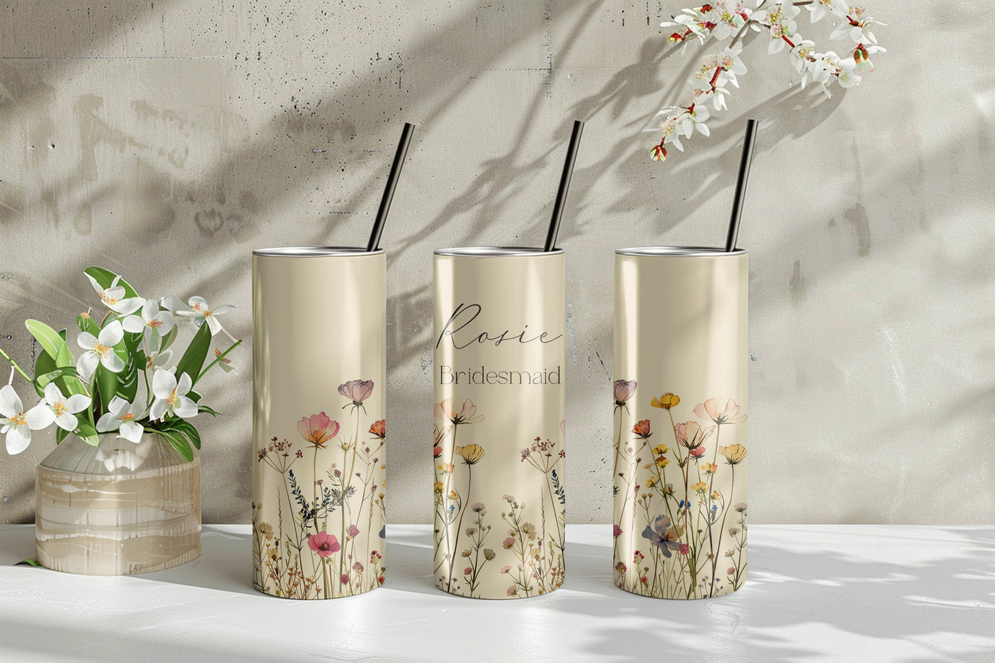 Beige Floral Personalised 20oz Skinny Tumbler