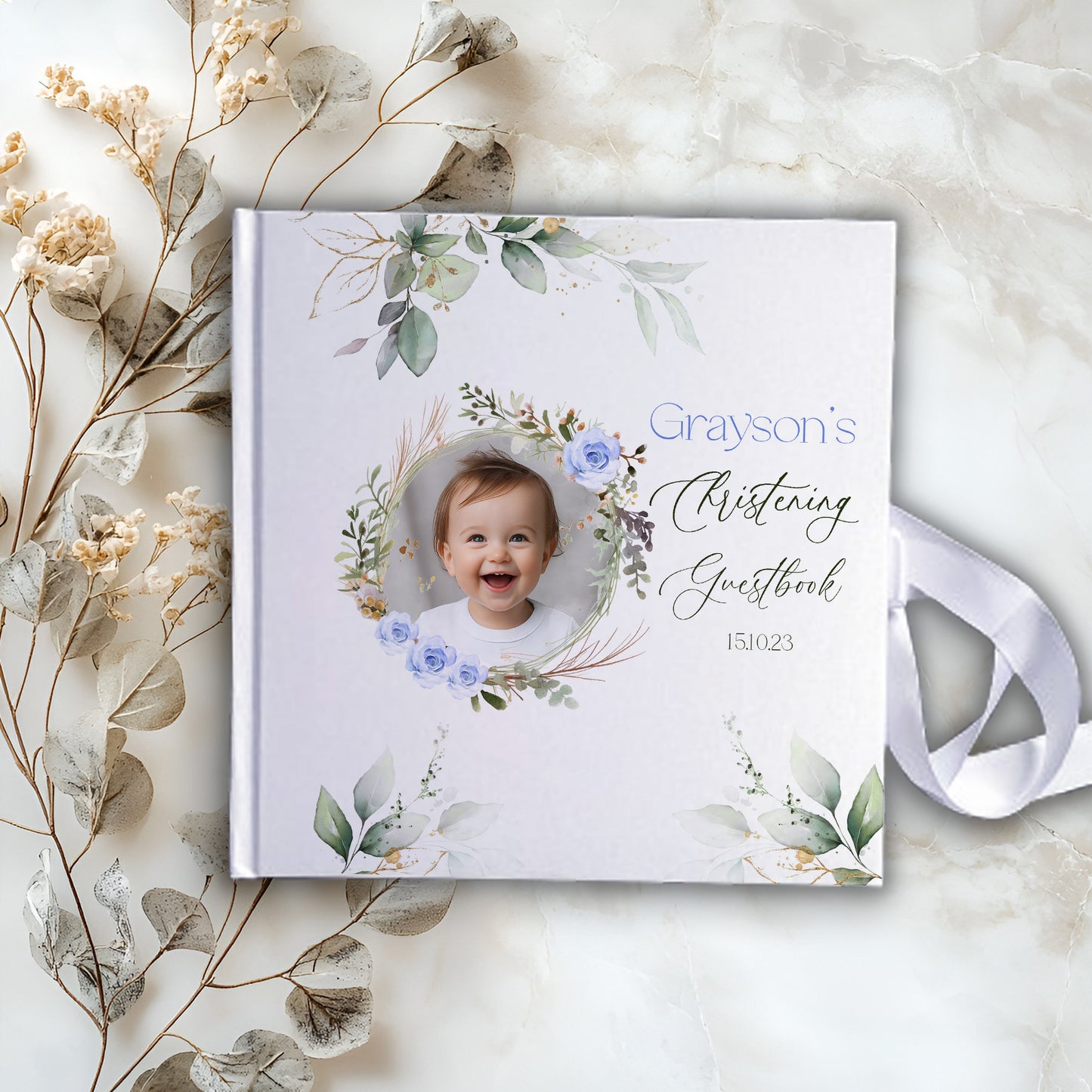 Add Your Own Photo Personalised Christening Guestbook with Ribbon