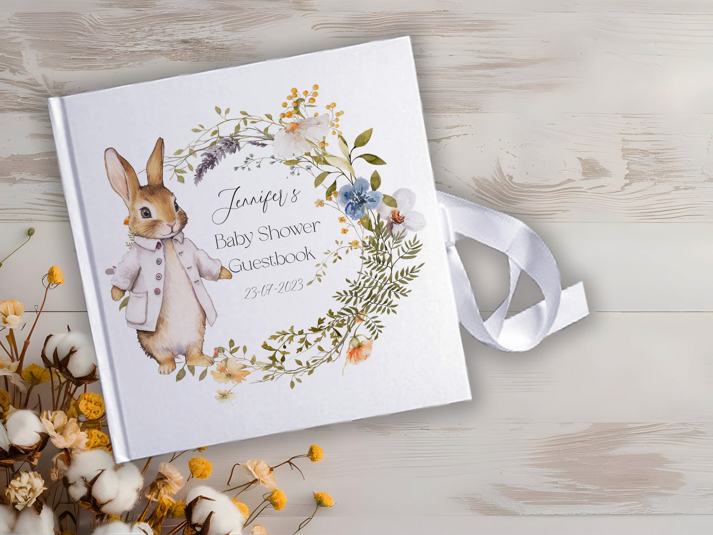 Personalised Rabbit with Wreath Christening Guestbook with Ribbon