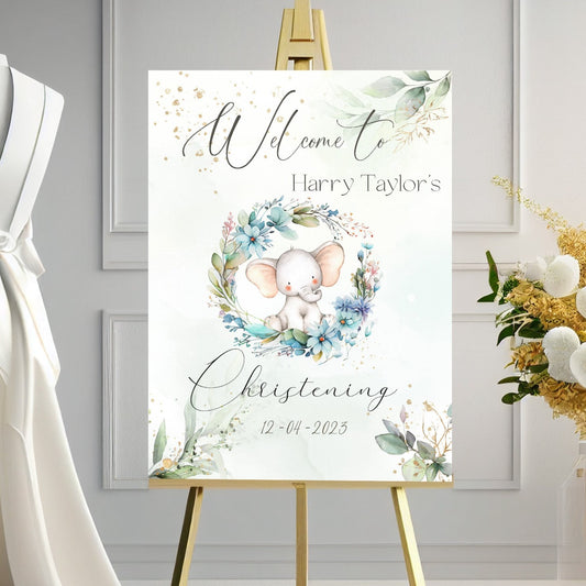 Floral Wreath Elephant Design Christening Welcome Poster