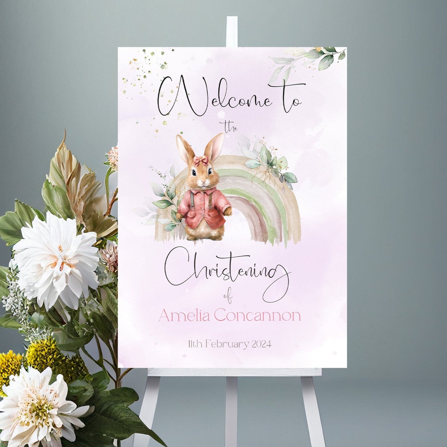 Pink Bunny Rainbow Christening Welcome Sign