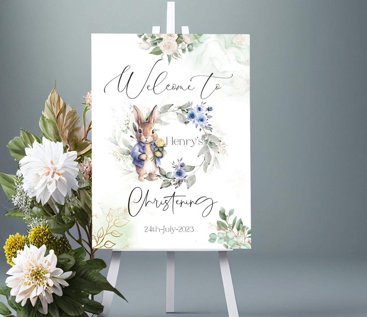 Floral Wreath  Blue Rabbit Christening Welcome Banner