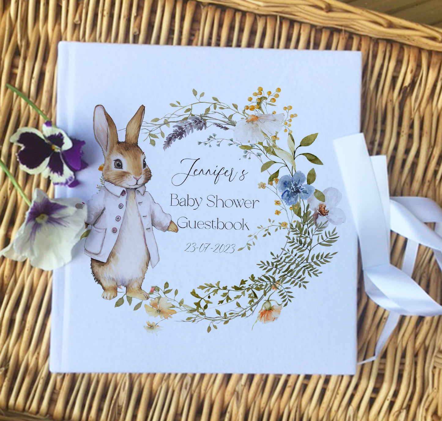 Wild Flower Personalised Christening Guestbook with Ribbon