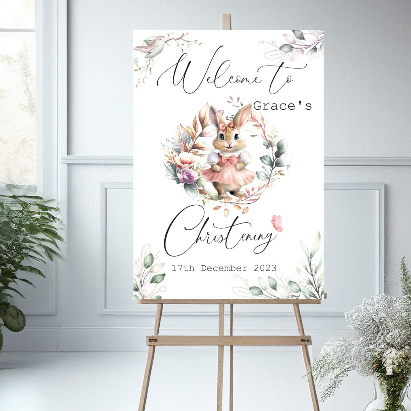 Floral Wreath Pink Rabbit Christening Welcome Banner