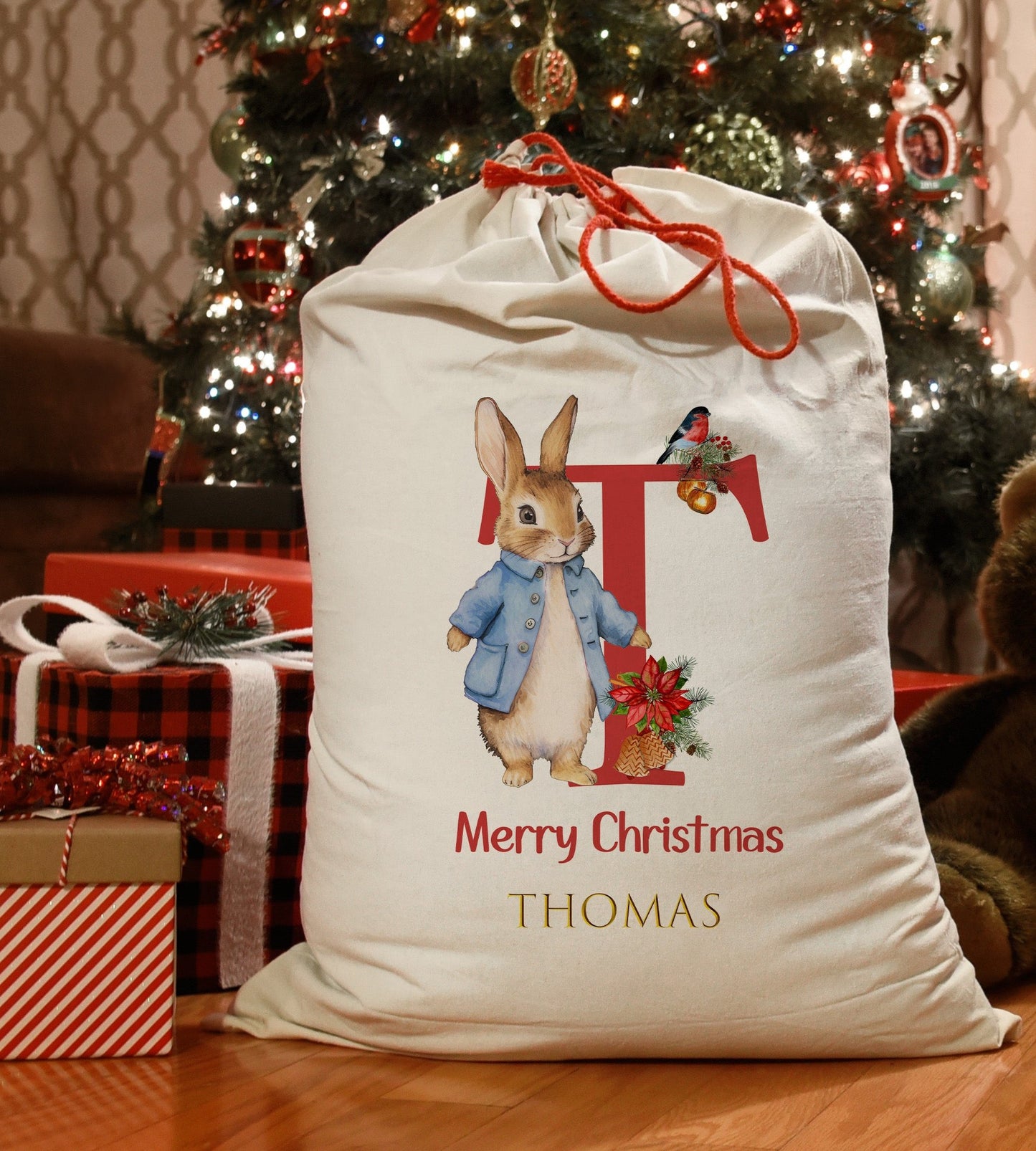 Festive Blue Bunny Letter Santa Sack