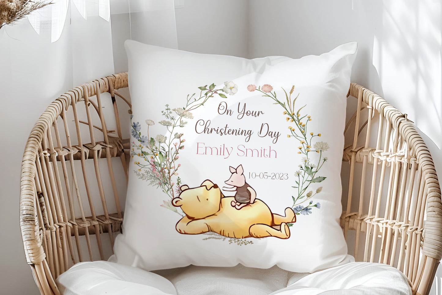 Pooh and Pig  Design Personalised Christening Gift Cushion