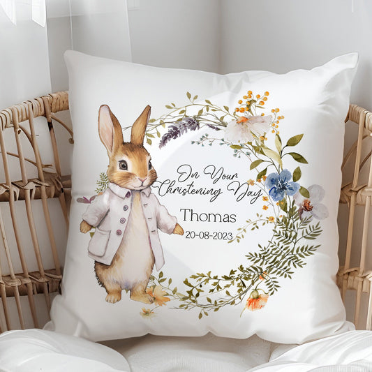 Wildflower Bunny Design Personalised Christening Gift Cushion