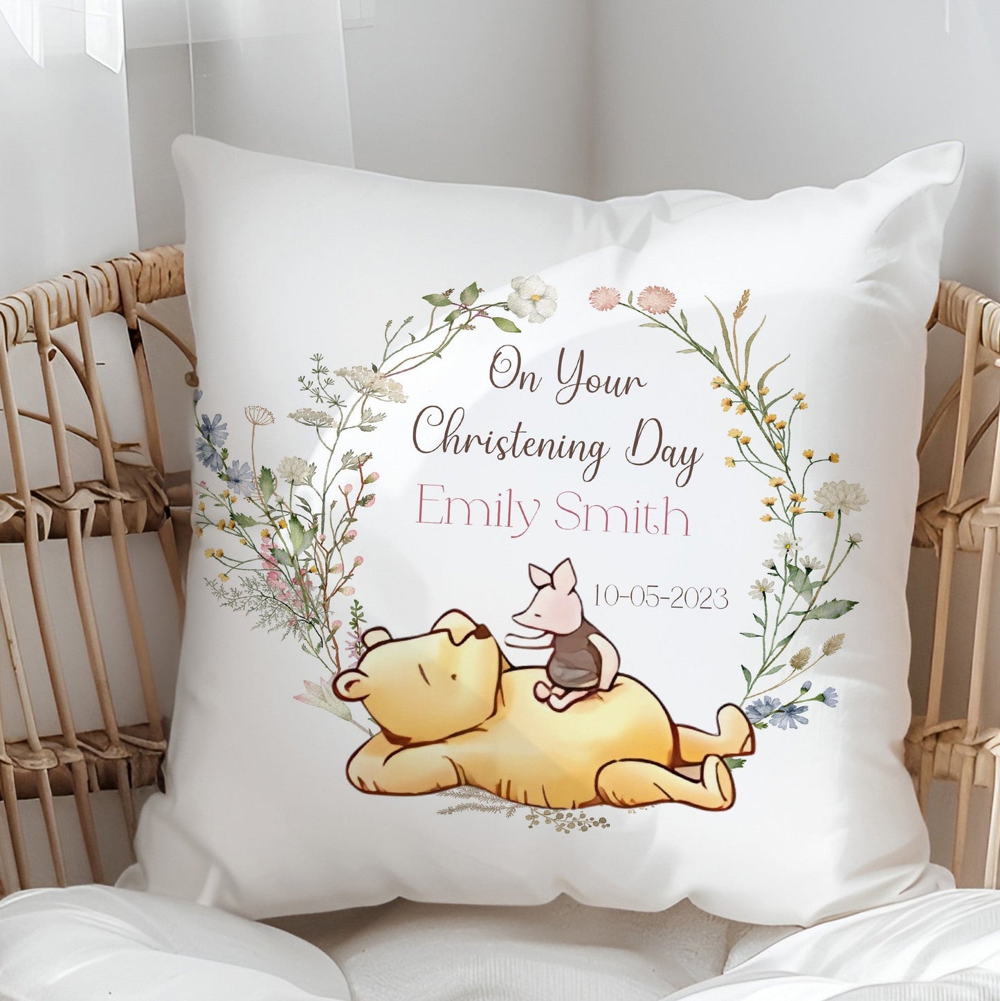 Pooh and Pig  Design Personalised Christening Gift Cushion