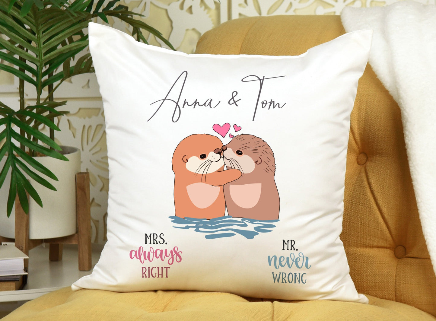 Personalised Otter Design Couple Wedding Floral Gift Cushion