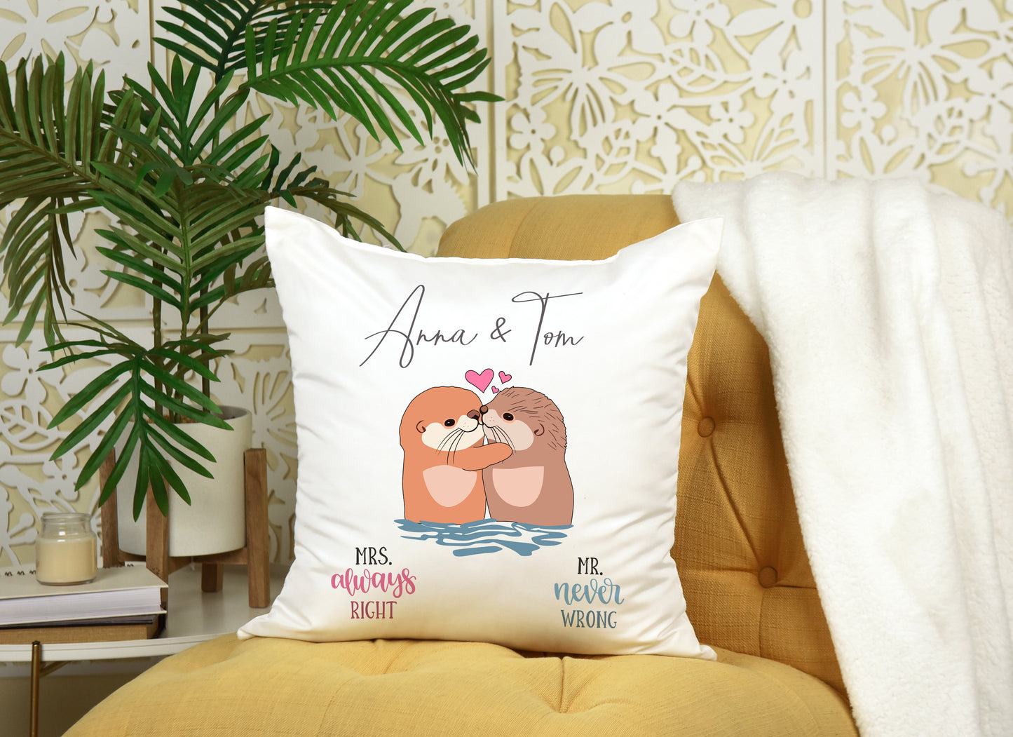 Personalised Otter Design Couple Wedding Floral Gift Cushion