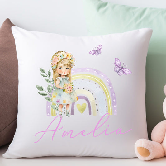 Flower Girl Rainbow Personalised Christening Gift Cushion