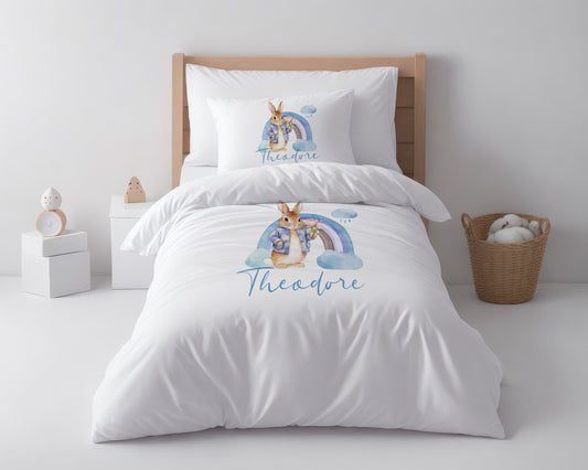 Blue Bunny Rainbow - Personalised Duvet Cover Set