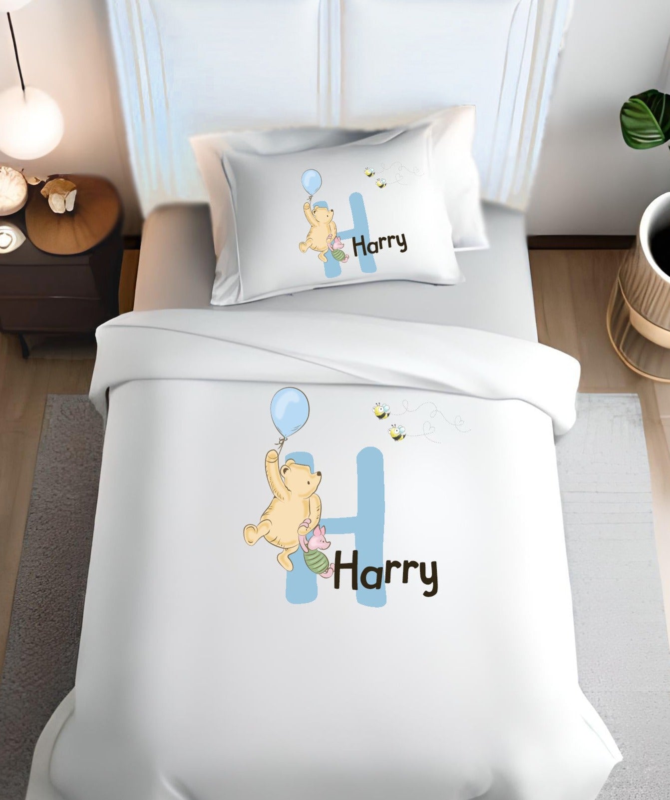 Pooh Bear Blue Initial - Personalised Duvet Cover Set