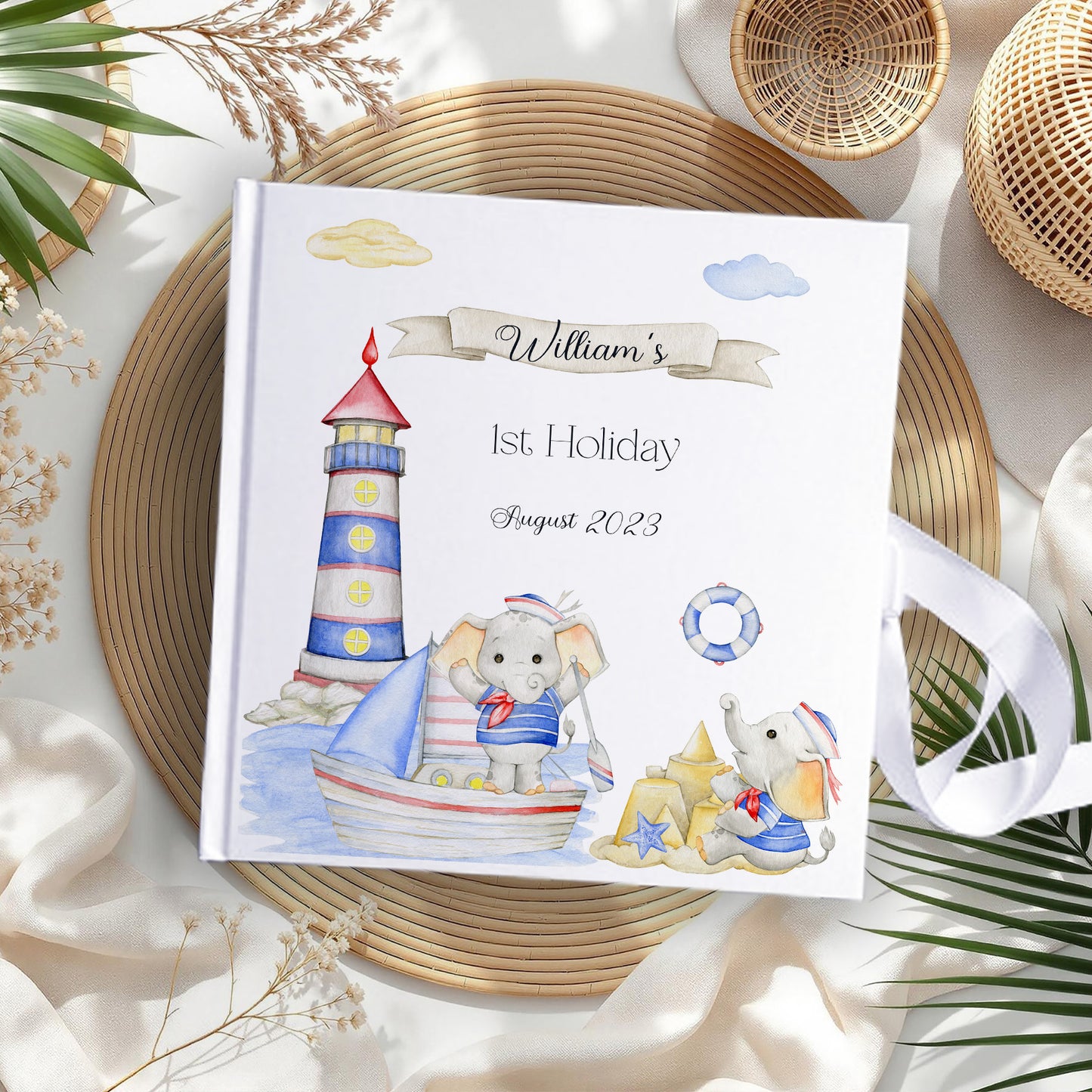 Personalised First Holiday Elephant Sailor  Memory Book with Ribbon