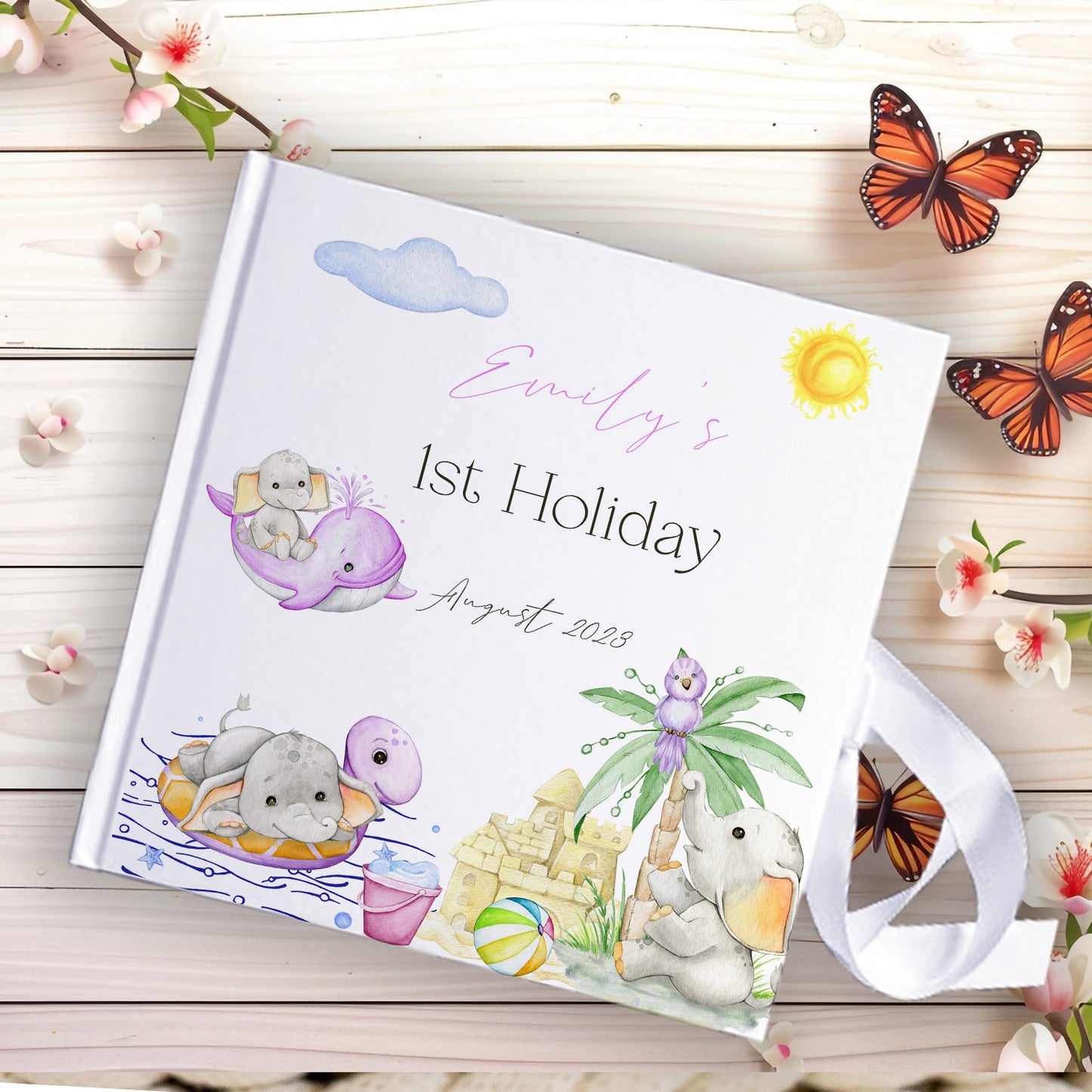 Personalised Cute First Holiday Elephant Print Memory Book with Ribbon