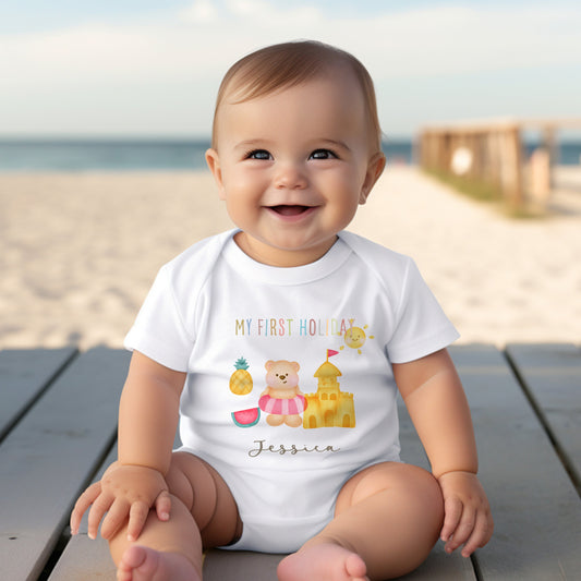 Personalised First Holiday Bear on the Beach  Design Baby Vest