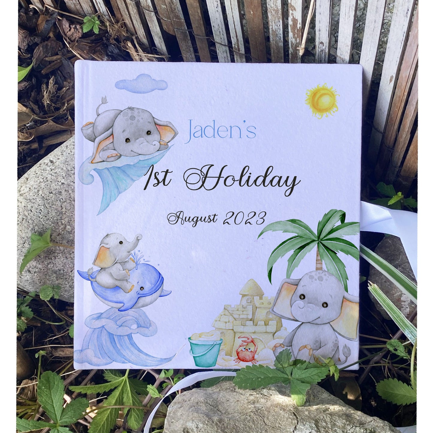 Personalised Beach Design First Holiday Memory Book with Ribbon