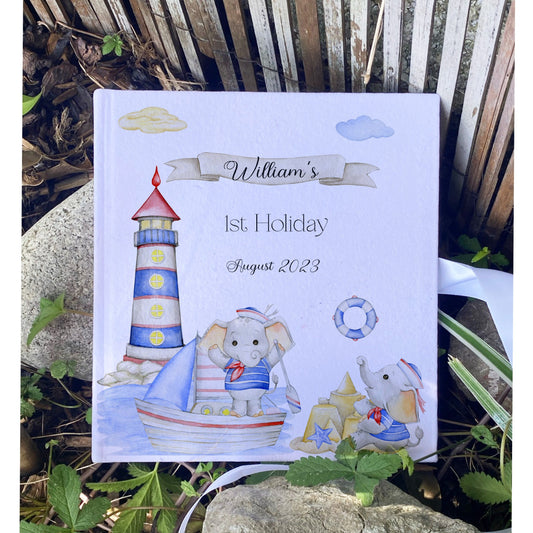 Personalised First Holiday Elephant Sailor  Memory Book with Ribbon