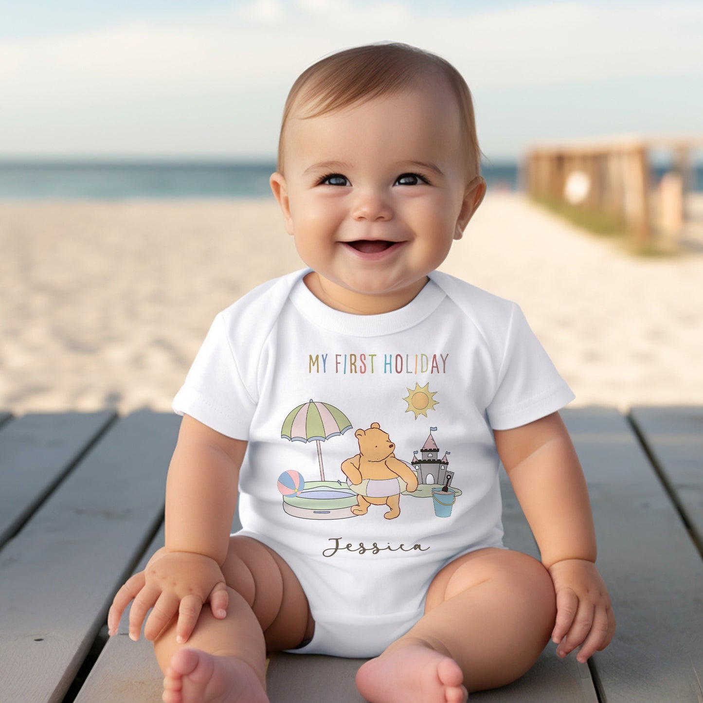 Personalised First Holiday Pooh on the Beach  Design Baby Vest