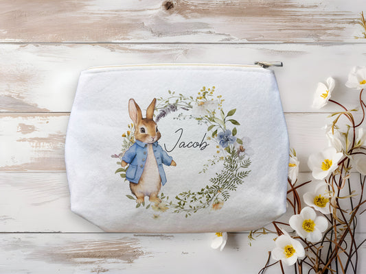 Blue Bunny Floral Wreath Makeup Bag