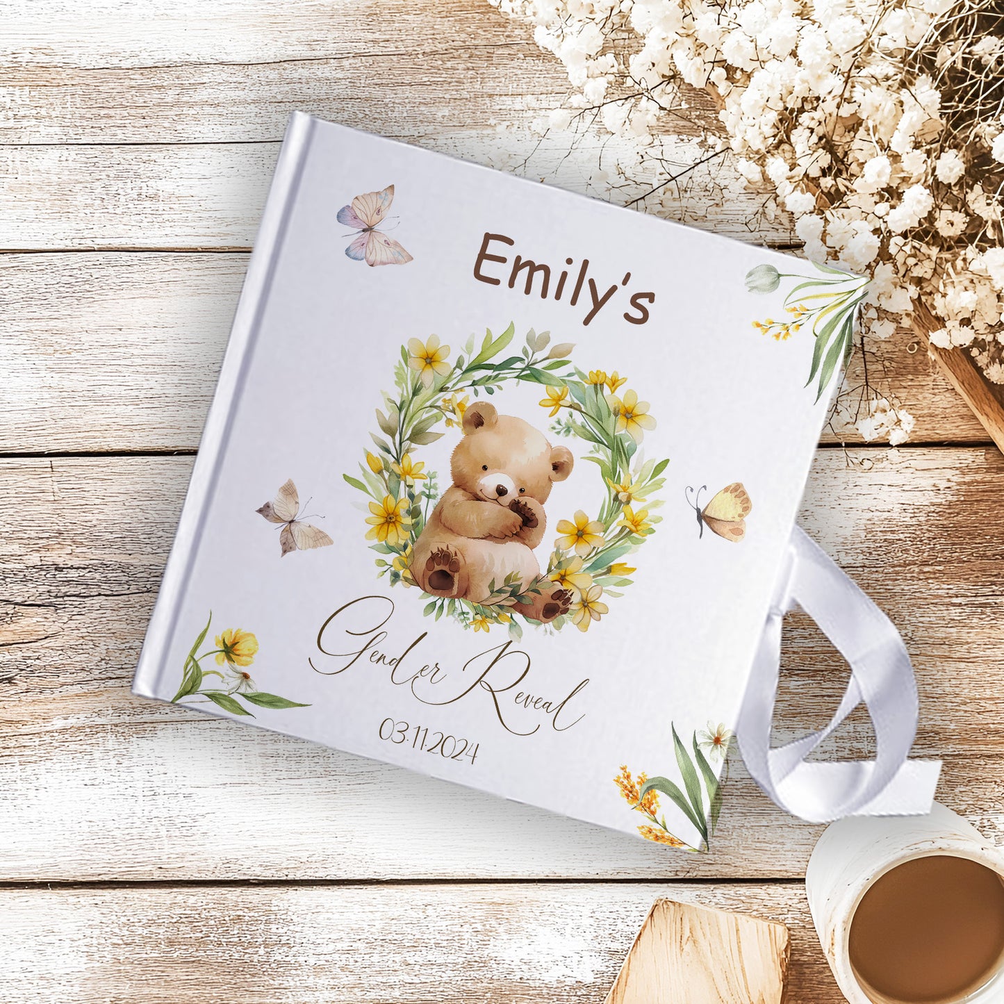 Teddy Bear Floral Wreath Theme Baby Shower Guestbook with Ribbon