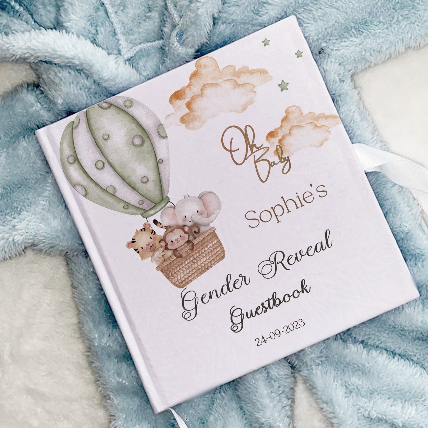 Safari Personalised Baby Shower Guestbook with Ribbon