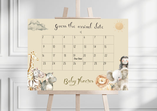 Safari Animal "Guess The Date!" Personalised Baby Shower Sign