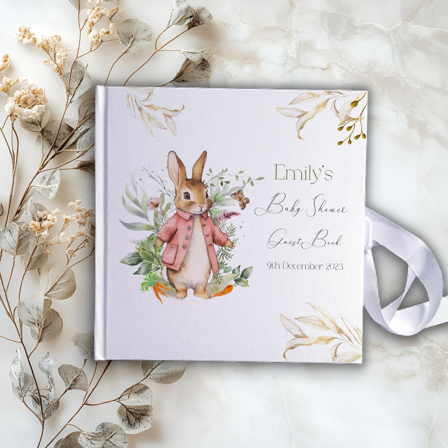 Pink Floral Bunny Personalised Baby Shower Guestbook with Ribbon