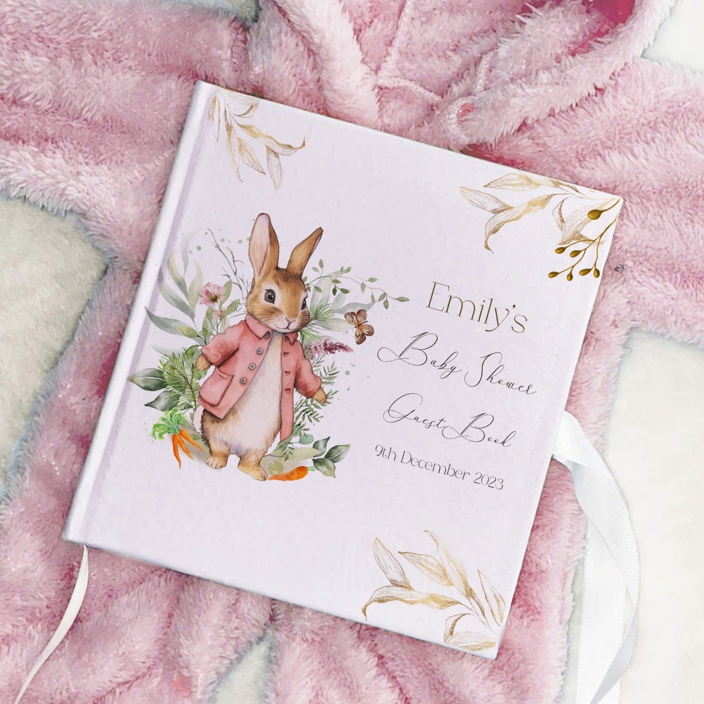 Pink Floral Bunny Personalised Baby Shower Guestbook with Ribbon