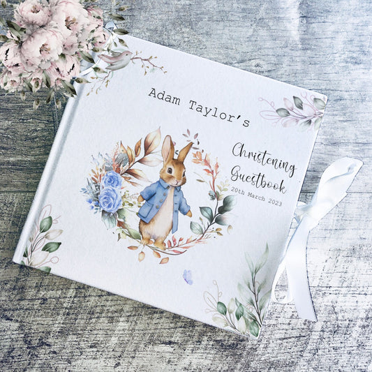 Floral Blue Rabbit Christening Welcome Banner