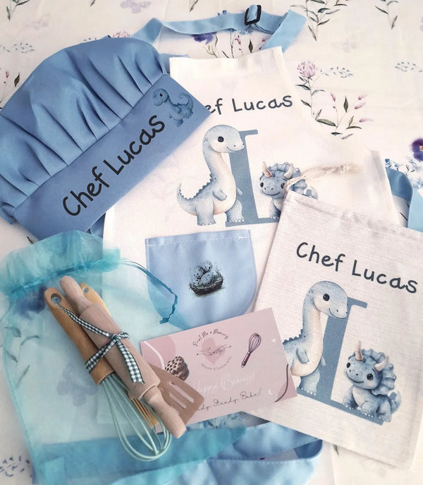 Dino Design Personalised Kids Linen Blue pocket Baking Gift