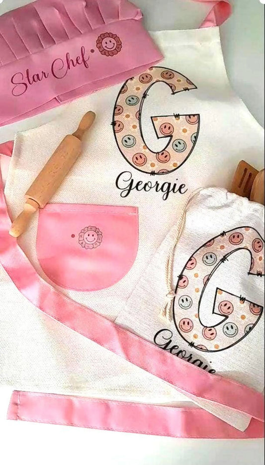 Floral Initial  - Personalised Kids Linen Apron Baking Set