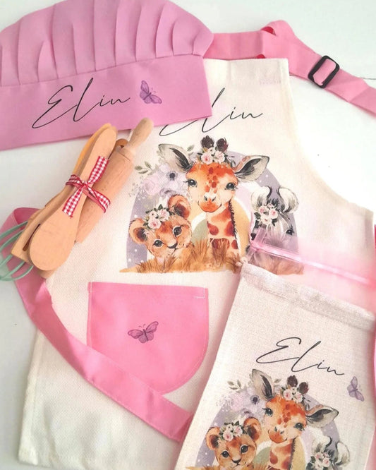 Safari Animals - Personalised Kids Linen Apron Baking Set