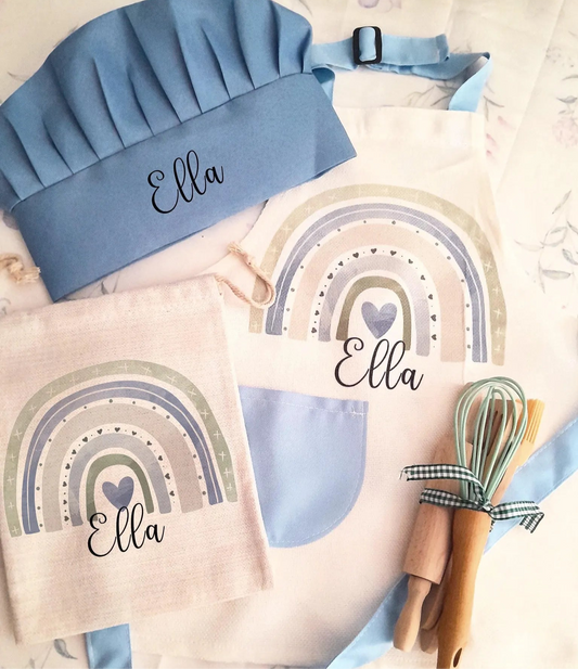 Rainbow Theme Personalised Kids Linen Blue pocket Baking Gift
