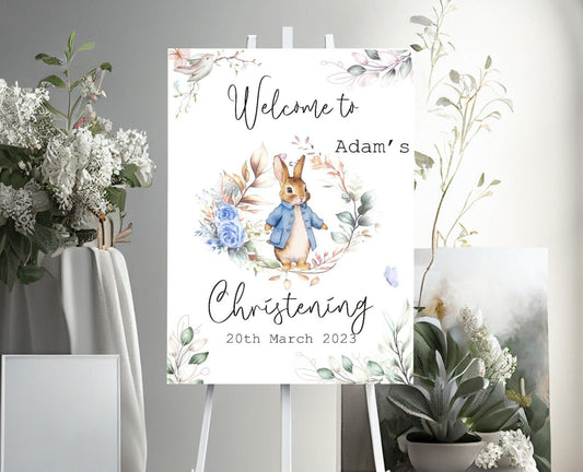 Floral Blue Rabbit Christening Welcome Banner