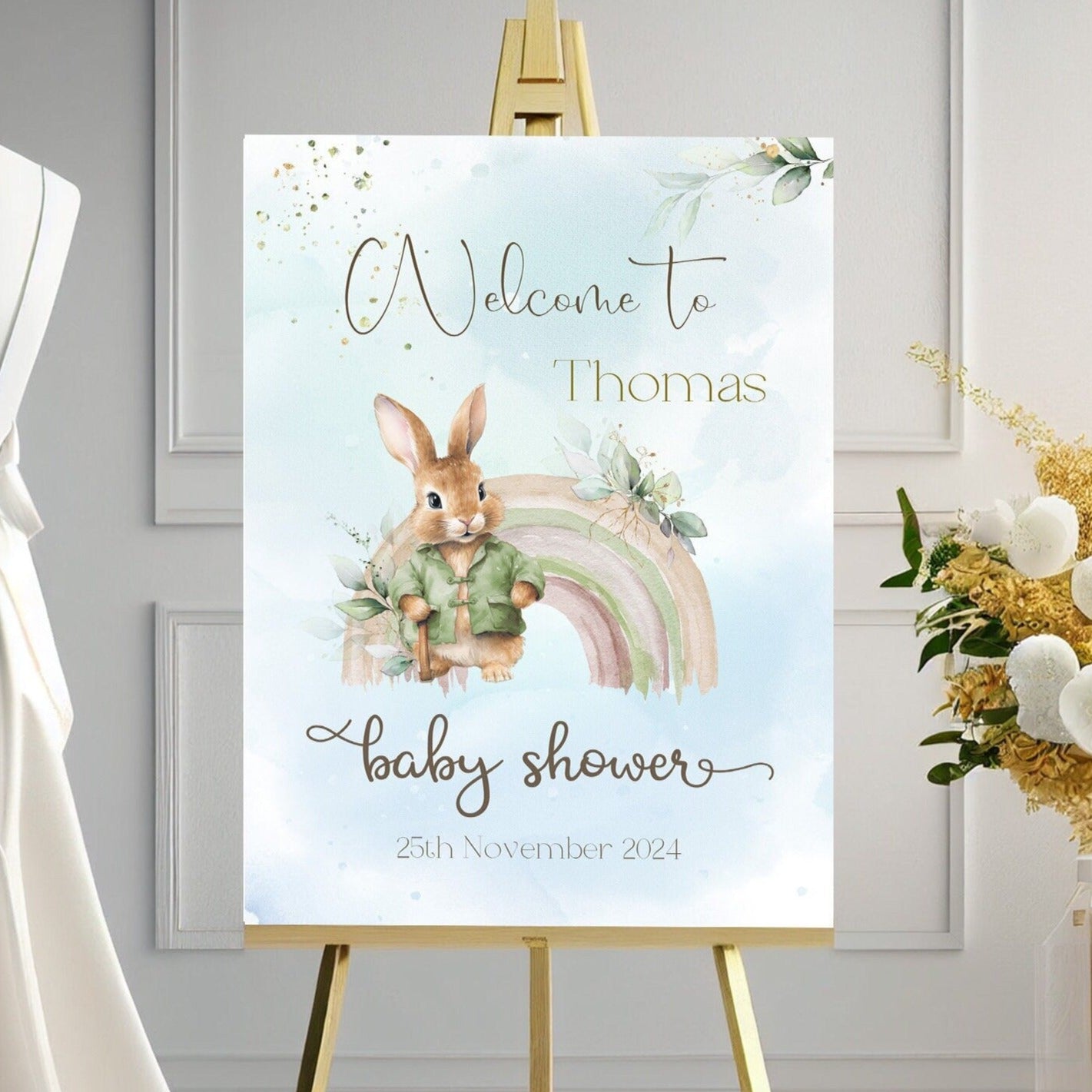 Green Bunny Rainbow baby Shower Welcome Banner